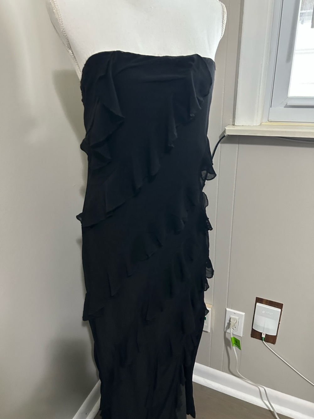 Strapless Black Ruffle Evening Dress
